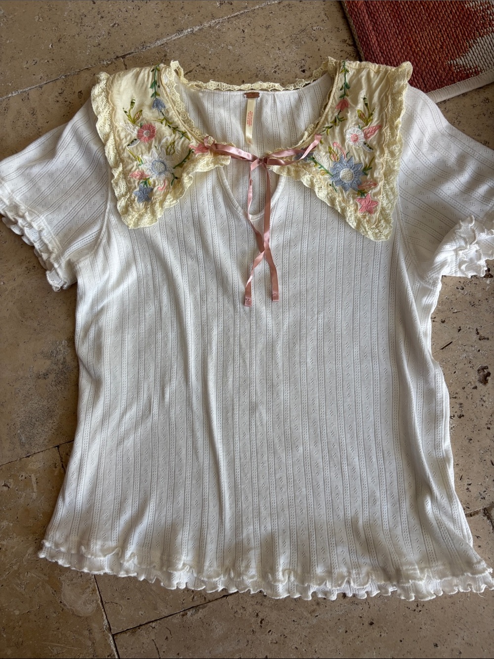 Free People Cream Knit Top with Yellow Embroidered Floral Sailor Collar